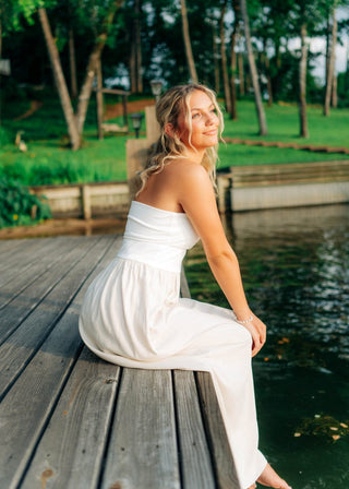 White strapless top and linen bottom maxi dress. The top can be folded over or worn all the way down