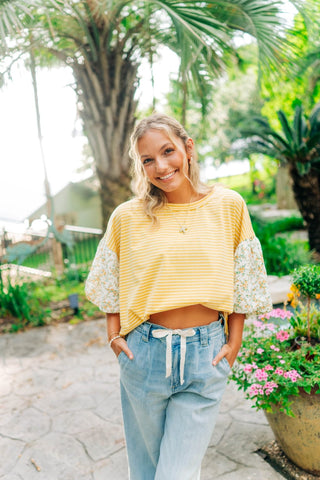 Cotton striped top with floral sleeves 
