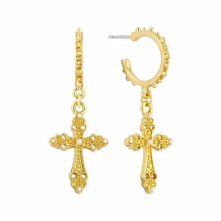Gold Pearl Cross Huggie Earrings