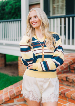 Allison Yellow Striped V-Neck Sweater | Select Trends Boutique
