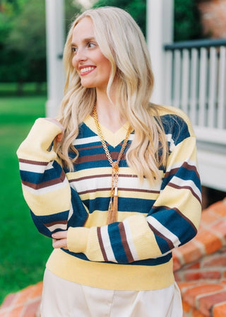 Allison Yellow Striped V-Neck Sweater | Select Trends Boutique
