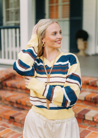 Allison Yellow Striped V-Neck Sweater | Select Trends Boutique