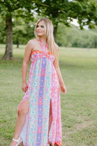 Aztec Print Halter Maxi Dress