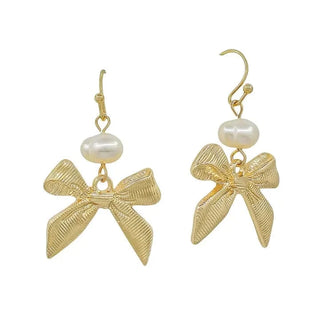 Gold Pearl Bow Drop Earrings