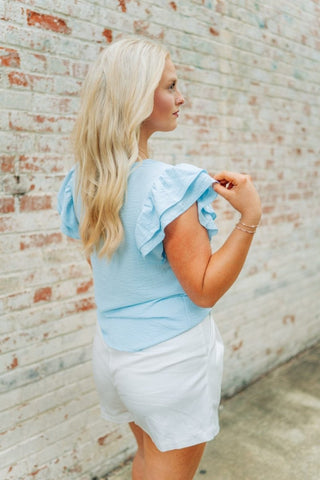 Baby Blue Ruffle Short Sleeve Blouse | Select Trends Boutique