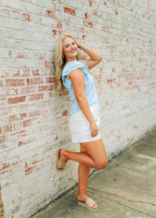 Baby Blue Ruffle Short Sleeve Blouse | Select Trends Boutique