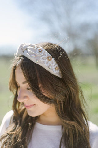 Beige Beaded Flower Headband | Select Trends Boutique