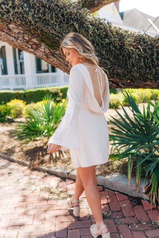 Beige Bell Sleeve Low Back Mini Dress | Select Trends Boutique