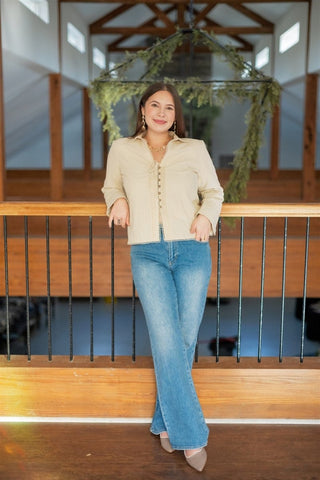 Beige Button Front Pleated Blouse - Select Trends Boutique