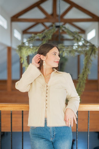 Beige Button Front Pleated Blouse - Select Trends Boutique