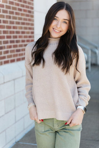 Beige Chunky Knit Mock Neck Sweater | Select Trends Boutique