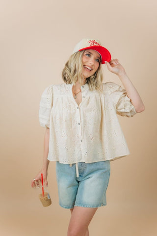 Beige Eyelet Puff Sleeve Blouse | Select Trends Boutique