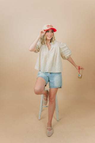Beige Eyelet Puff Sleeve Blouse | Select Trends Boutique