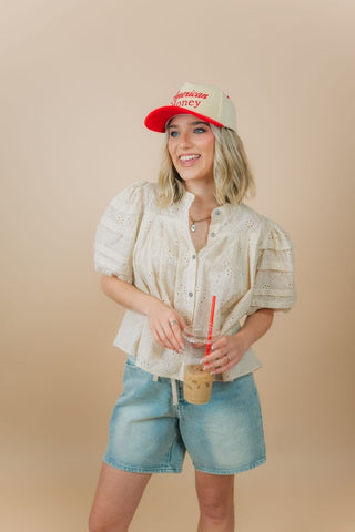 Beige Eyelet Puff Sleeve Blouse | Select Trends Boutique