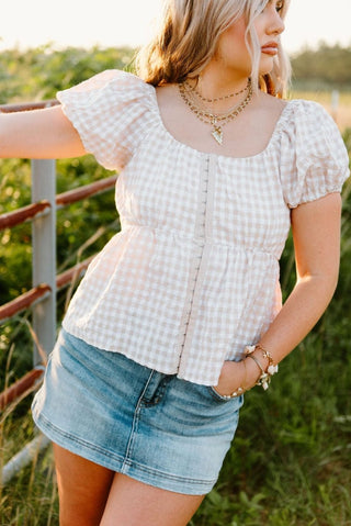 Beige Gingham Babydoll Top | Select Trends Boutique