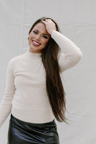 Beige High Neck Fuzzy Sweater