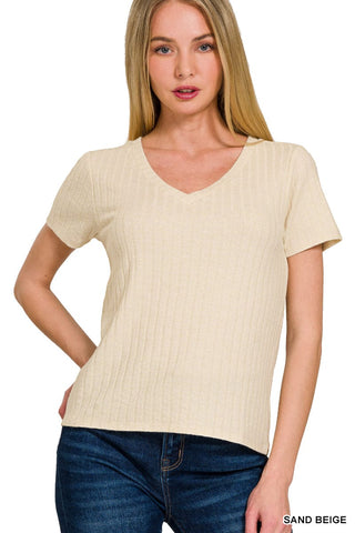 Beige Ribbed Short Sleeve V - Neck Top | Select Trends Boutique