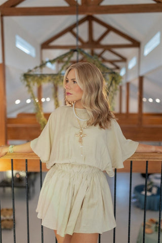 Beige Short Sleeve Flowy Romper - Select Trends Boutique