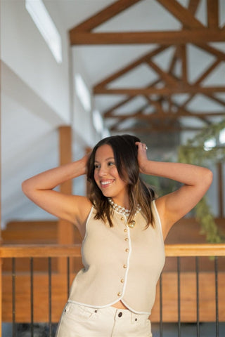 Beige Sleeveless Button Up Knit Top - Select Trends Boutique
