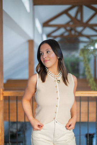 Beige Sleeveless Button Up Knit Top - Select Trends Boutique