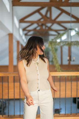 Beige Sleeveless Button Up Knit Top - Select Trends Boutique
