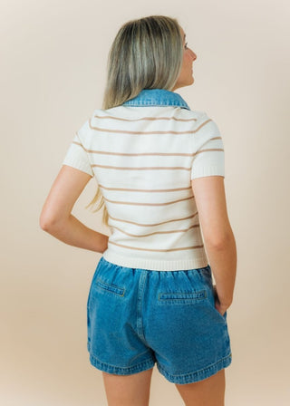 Beige Striped Denim Collar Top | Select Trends Boutique