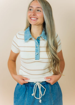 Beige Striped Denim Collar Top | Select Trends Boutique