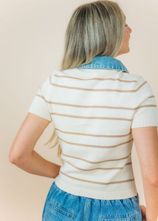 Beige Striped Denim Collar Top | Select Trends Boutique