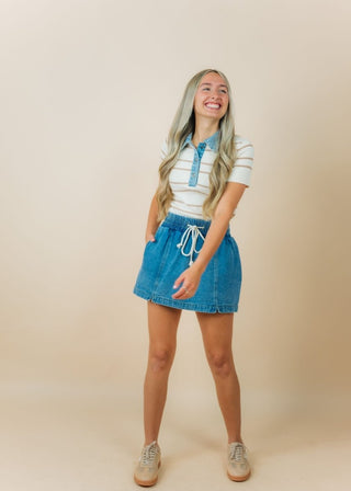 Beige Striped Denim Collar Top | Select Trends Boutique