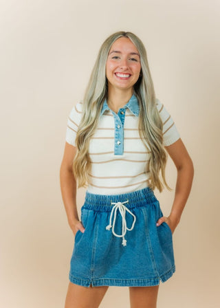 Beige Striped Denim Collar Top | Select Trends Boutique