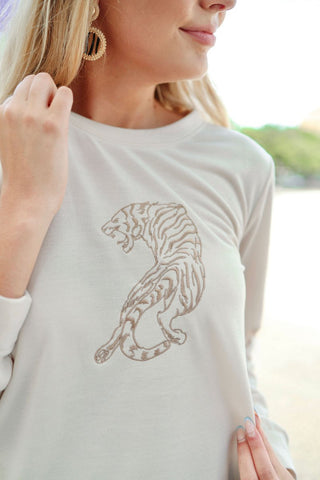Beige Tiger Embroidered Longsleeve Tee | Select Trends Boutique