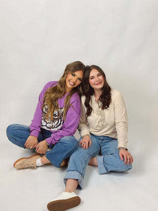 Beige Tiger Embroidered Longsleeve Tee | Select Trends Boutique