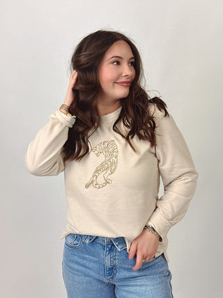 Beige Tiger Embroidered Longsleeve Tee | Select Trends Boutique