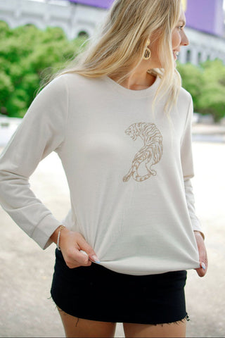Beige Tiger Embroidered Longsleeve Tee | Select Trends Boutique