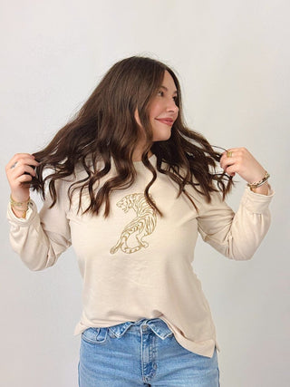 Beige Tiger Embroidered Longsleeve Tee | Select Trends Boutique