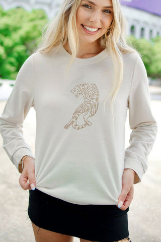 Beige Tiger Embroidered Longsleeve Tee | Select Trends Boutique