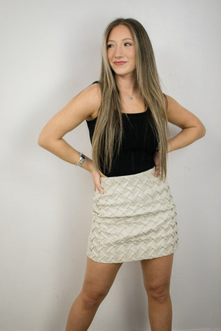 Beige Woven Leather Mini Skirt