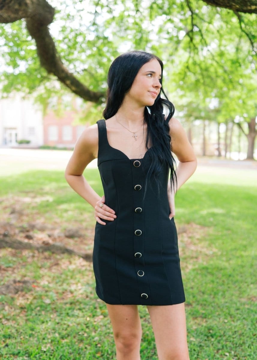 Black Button Detail Fitted Mini Dress