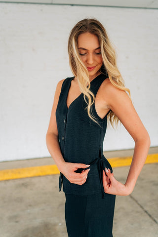Back pant set with button down vest and ties on each side