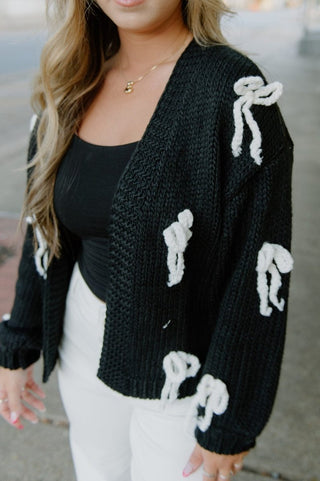 Black Chunky Knit Bow Cardigan - Select Trends Boutique