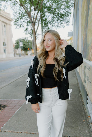 Black Chunky Knit Bow Cardigan - Select Trends Boutique