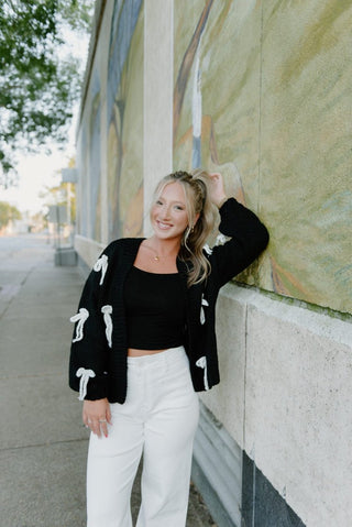 Black Chunky Knit Bow Cardigan - Select Trends Boutique