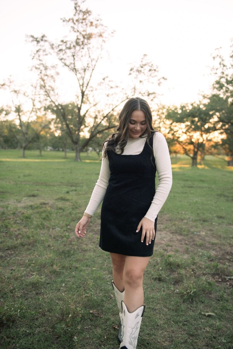 Black Corduroy Pinafore Mini Dress | Select Trends Black Corduroy Pinafore Mini Dress | Select Trends