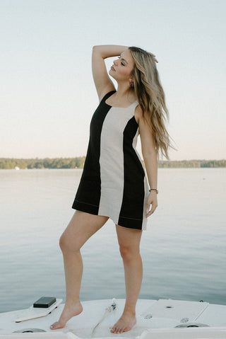 Black & Cream Colorblock Linen Dress