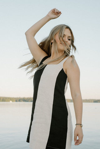 Black & Cream Colorblock Linen Dress