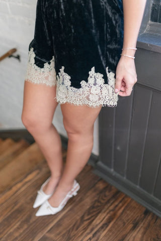 Black & Cream Lace Trim Velvet Shorts | Select Trends Boutique