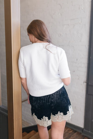 Black & Cream Lace Trim Velvet Shorts | Select Trends Boutique