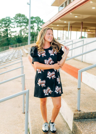 Black Football Bow Patch Mini Dress - Select Trends Boutique