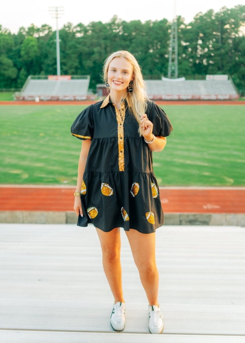Poplin Game Day Sequin Gold Footballs Shirt Dress Black / L Poplin Game Day Sequin Gold Footballs Shirt Dress Black / L