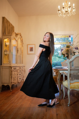 Black Off Shoulder Drop Waist Midi Dress